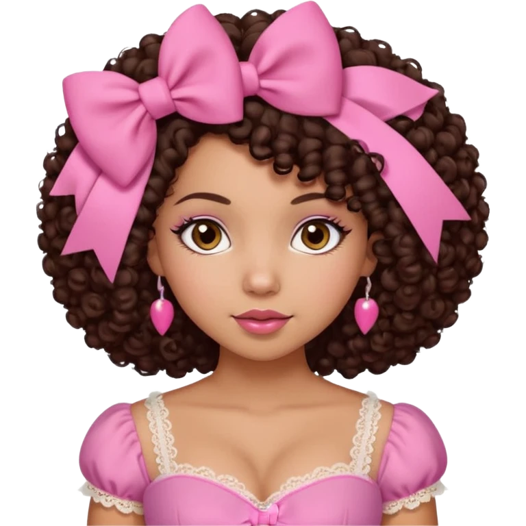 medium-light kinned afro-latina girl with medium length chocolate brown side part curly hair, brown eyes, pink sweetheart necklined top with lace, round wide-ish nose, chubby long shaped face, pink bow emoji