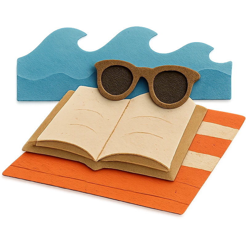 open book on a beach towel, with sunglasses and ocean waves in the background, paper-craft style emoji