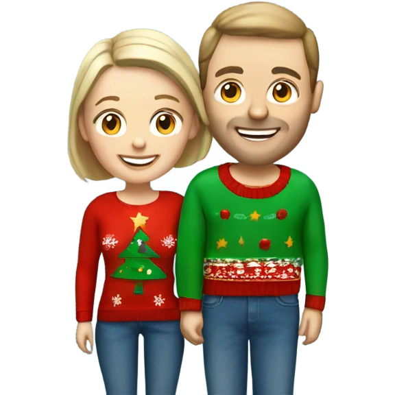 Happy white couple wearing Christmas jumper and blue jeans emoji