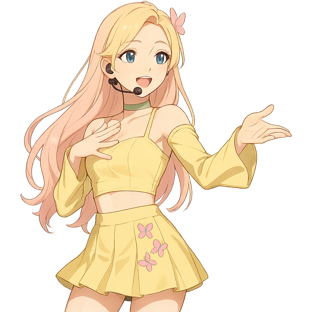 Fluttershy reimagined as a human K-pop idol, performing on stage, transparent background emoji