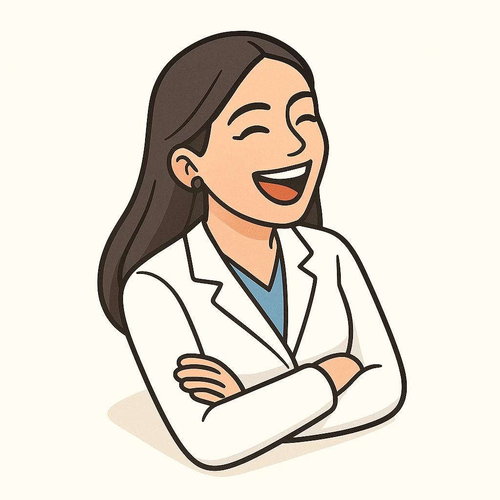 A 2D isometric style illustration of a female doctor with dark long straight hair, detailed brown eyes (not just dots), wearing a white coat, minimalist background, laughing heartily, appearance as in the second previous variant. emoji