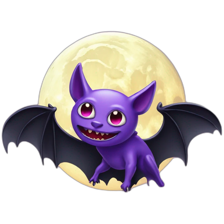 purple and black evil face vampire bat anime sparkle eyes wings flying in front of large dripping crescent moon emoji