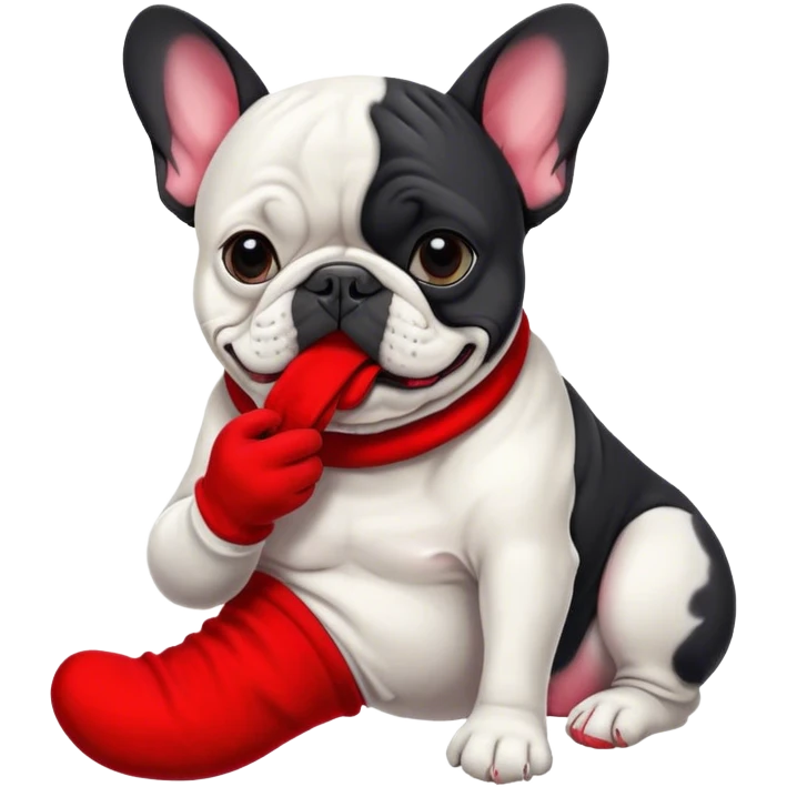 Black and white Bouledogue français eating a red sock  emoji