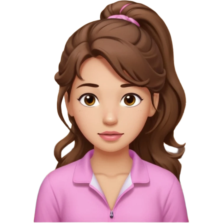 girl with wavy long ponytail brown hair, brown eyes, light to medium complexion, long lashes, light pink lipstick, wearing light pink shirt, in a sauna emoji