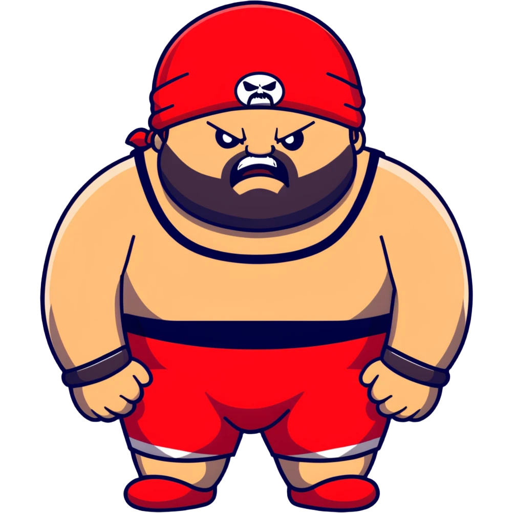 White skin fat guy with prominent black durag, shaved beard stubble, black eyes in a red and black wrestling singlet with angry face emoji