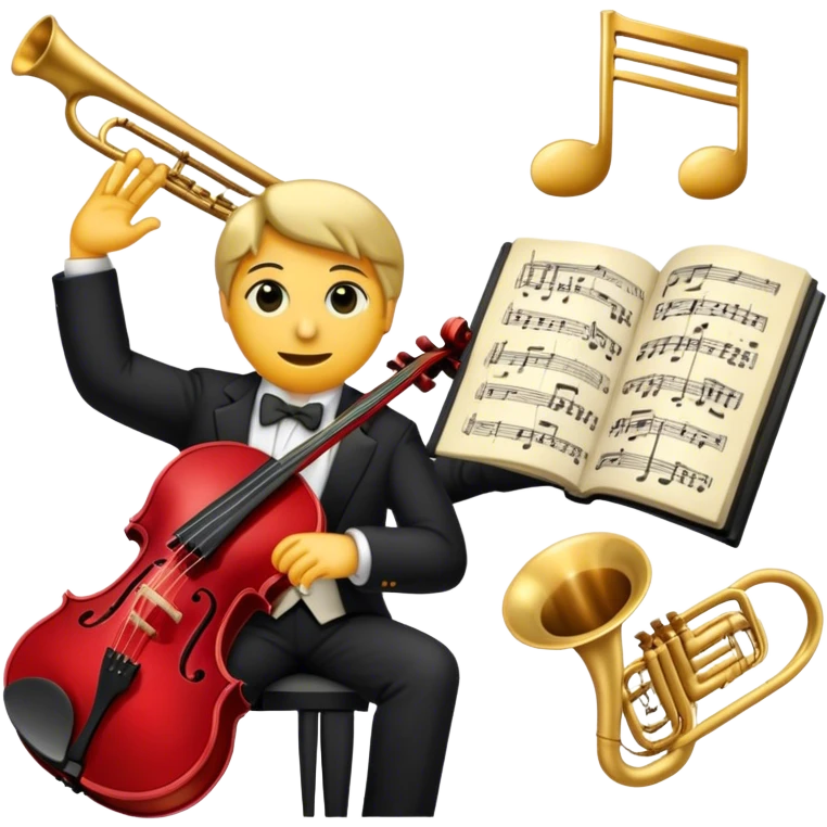Create a sophisticated and elegant emoji that represents orchestration and arrangement. The design should feature a conductor’s baton, musical notes, and a symphonic score, symbolizing the process of arranging and orchestrating music. Incorporate instruments like a violin, trumpet, and piano keys subtly in the background, representing different sections of the orchestra. Use classical and refined colors such as gold, deep red, and black to evoke the grandeur and precision of orchestration. The background should be transparent. emoji
