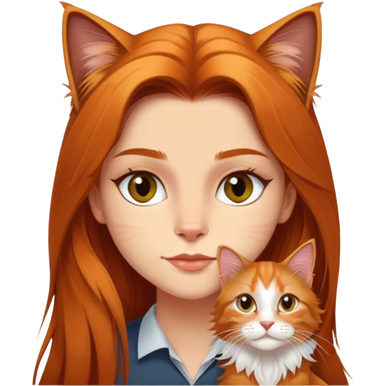 Une fille au cheveux long lisse et noir portant un chat type Maine coon de couleur roux  emoji