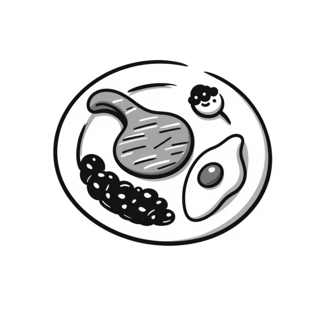 A plate with various protein foods arranged neatly: meat, egg, beans, tofu, and yogurt. emoji