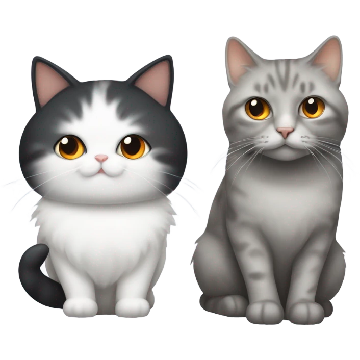 A black, great and white long hair chubby cat next to a slimmer mostly white short hair cat with some orange spots emoji