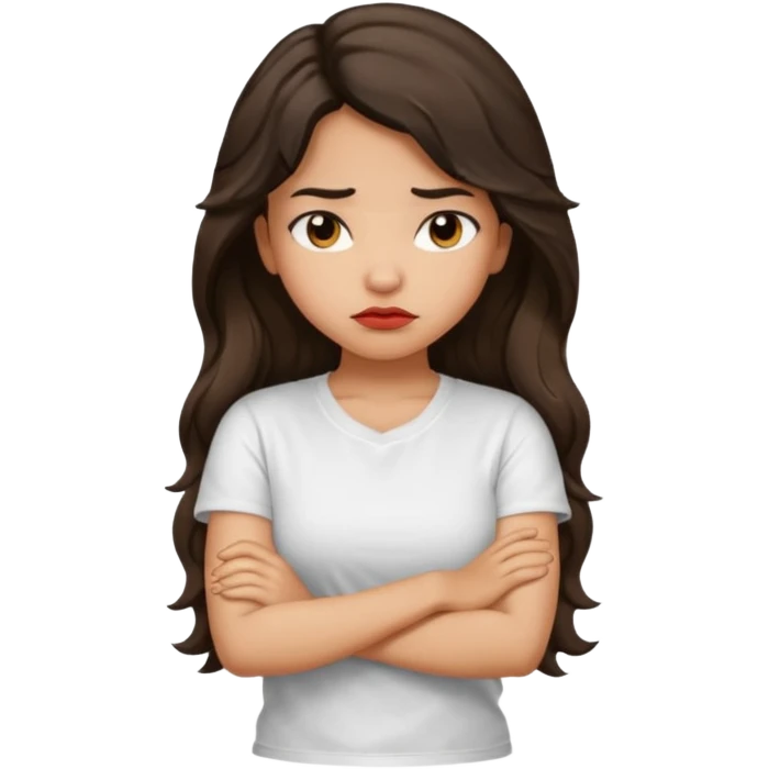 Hispanic light tan girl with long dark wavy hair with arms folded and pouting emoji