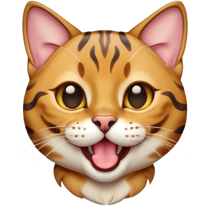 Cinematic Cute Bengal Cat Portrait Emoji, Head tilted playfully and yawning, sleek spotted brown and gold tones, Simplified yet adorable features, highly detailed, glowing with a warm, friendly glow, high shine, curious and affectionate, stylized with a touch of whimsy, bright and alert, soft glowing outline, capturing the essence of a mischievous yet loving kitten, so endearing it feels like it could leap out of the screen and stretch! emoji