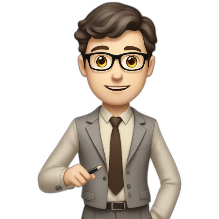 Pale skinned fit man with dark brown hair in gray jacket, beige office shirt, brown tie, brown pants and vintage glasses Writing on the flipchart emoji