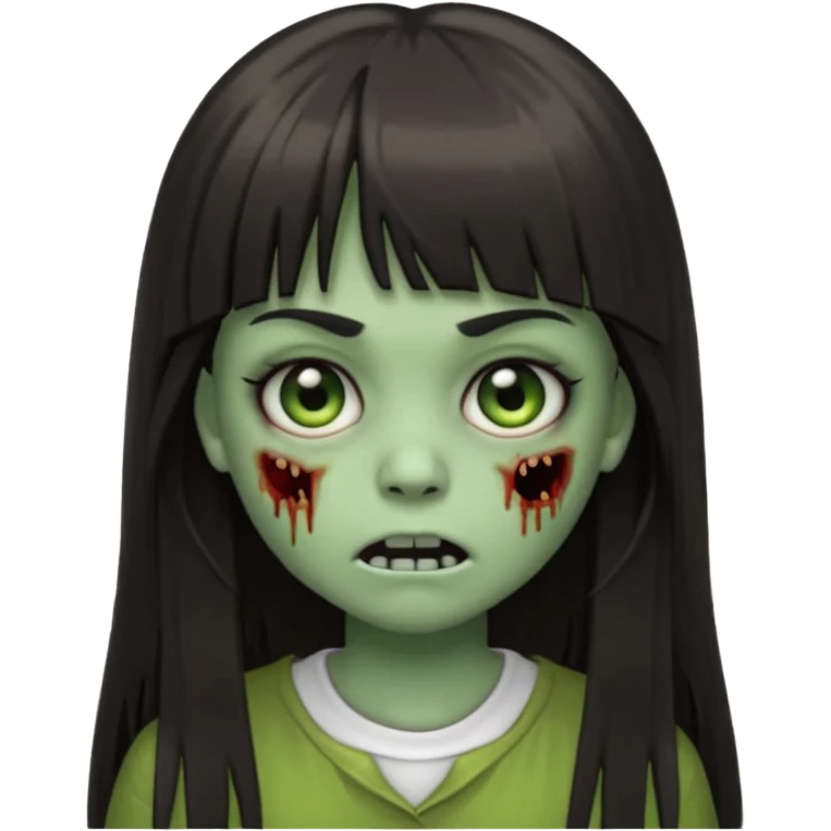 Emoji de guria zombie com cabelo longo, escuro e liso com franja, olhos escuros e boca pequena. emoji
