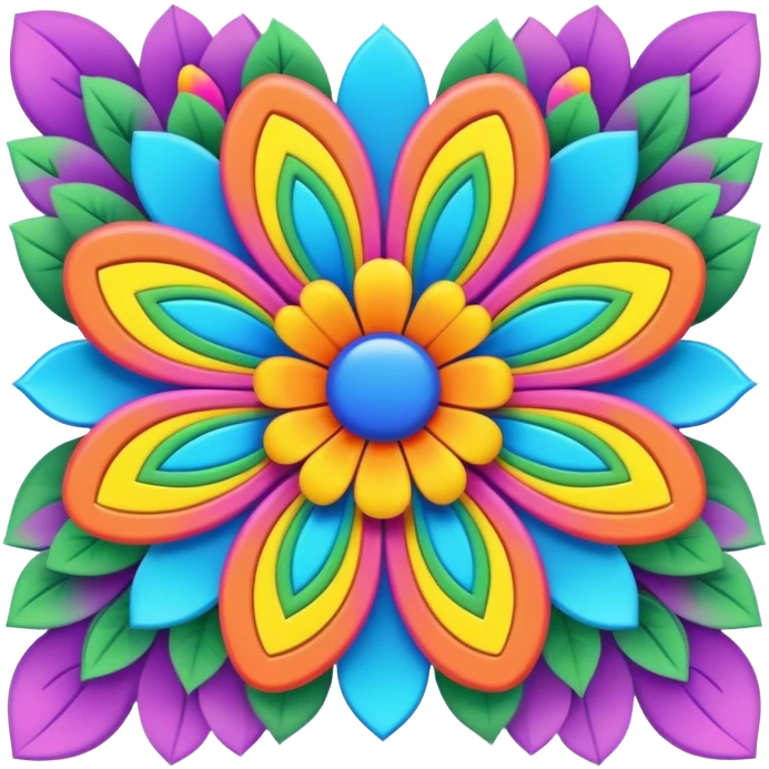 3D, psychedelic colored postcard with hippie style flower border emoji