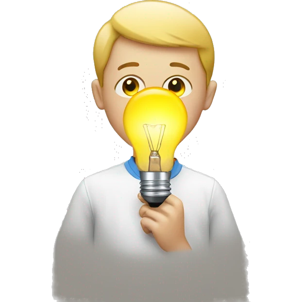 young white boy at marketing with a light bulb instead of a head emoji