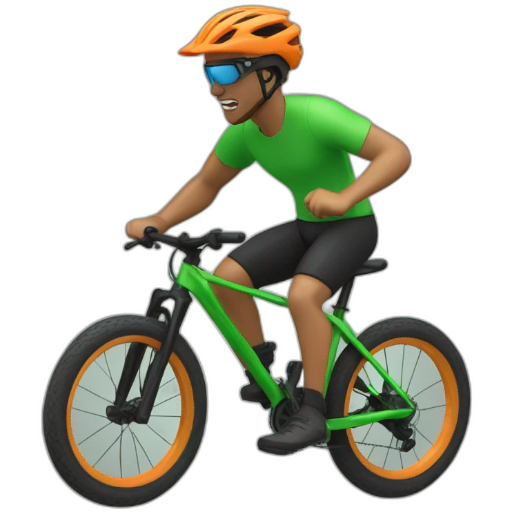 mountain biker with a green bicycle, black pants, and orange t-shirt, running at high speed emoji