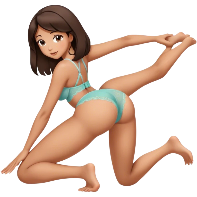 brunette intimate sfw cute lingerie pose bending arched curved IN back on hands and knees face down from behind emoji
