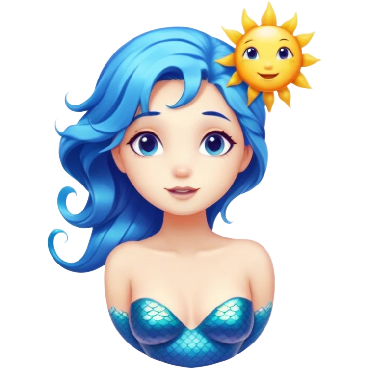 Cinematic Realistic Blue Hair Mermaid Portrait, head tilted playfully and inquisitively, showcasing a delicate, tropical form with finely detailed, flowing blue hair contrasting beautifully against her sun-kissed tanned skin. Her bright, curious eyes sparkle like sea gems under warm filtered light, rendered with lifelike clarity and soft underwater illumination—capturing the essence of a spirited mermaid poised to dance playfully amidst coral reefs. emoji