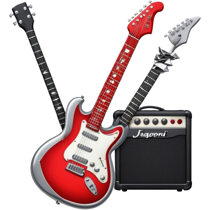 Create a bold and powerful emoji representing rock vocal performance in a humanless collage. The design should feature a vintage microphone at the center, surrounded by a heavy, aggressive hardcore electric guitar with sharp, jagged edges. Include crossed drumsticks behind the guitar, symbolizing the intense rhythm of rock music. Add fiery elements like flames or lightning bolts to enhance the raw energy of the design. Use dark, bold colors like black, red, and silver, with metallic or chrome accents to reflect the rebellious, hard-hitting nature of rock. The background should be transparent. emoji
