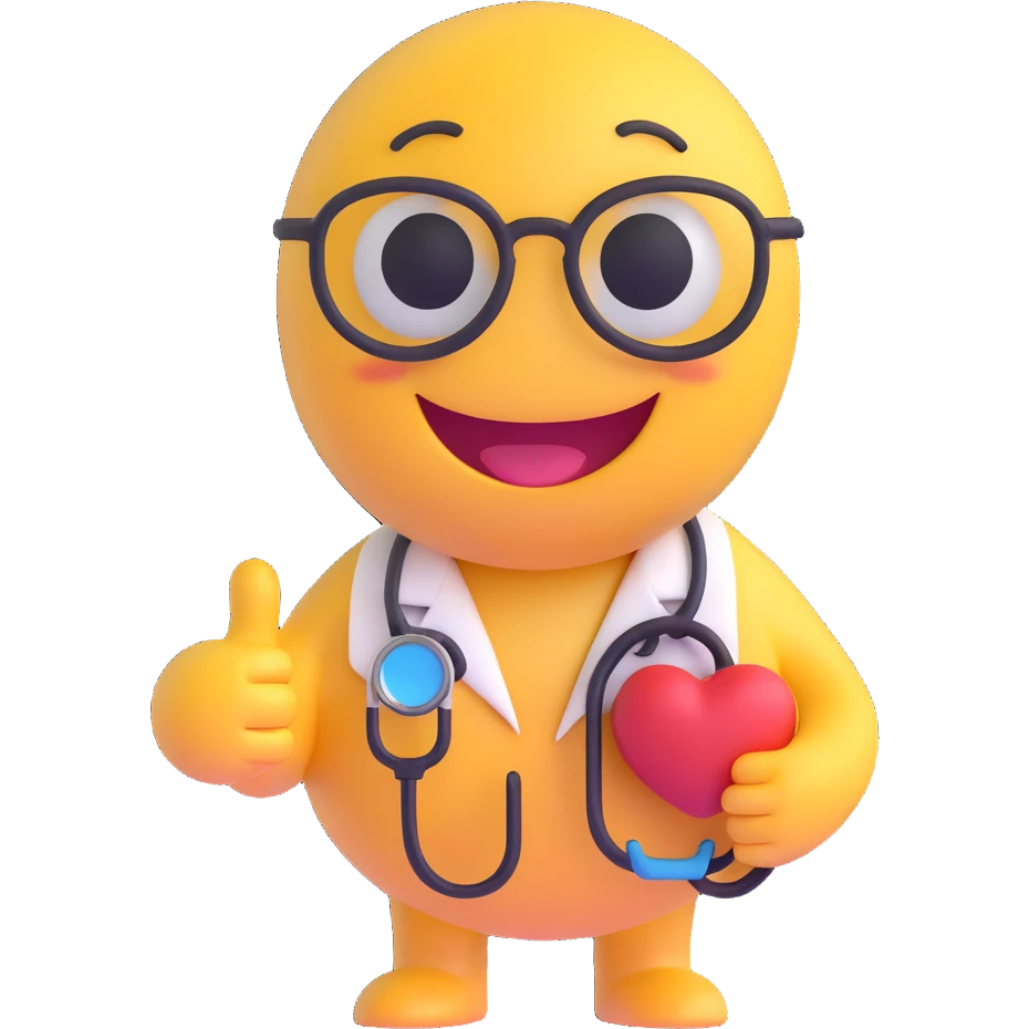 3D smiley emoji, round shape, veterinarian: with stethoscope and small animal, funny face emoji
