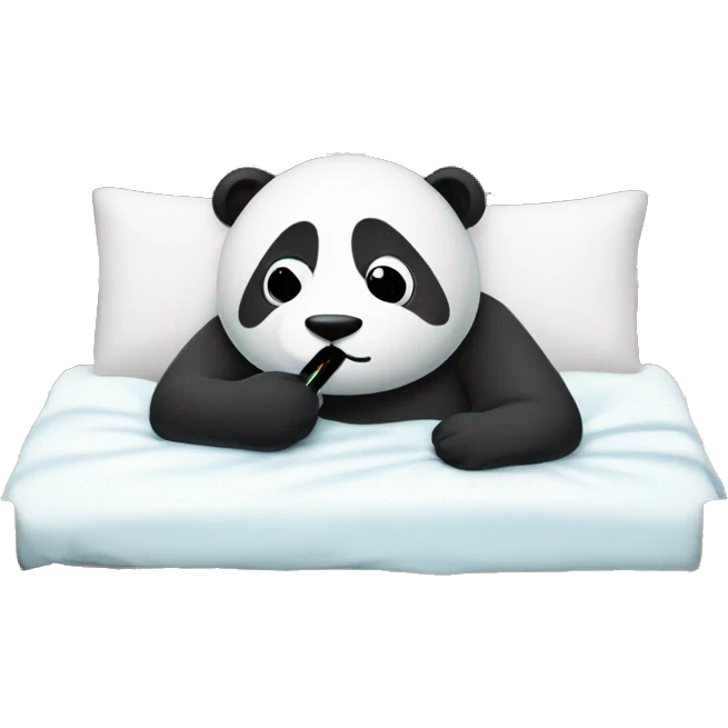 Sad Panda with fever Thermometer in mouth laying in bed emoji