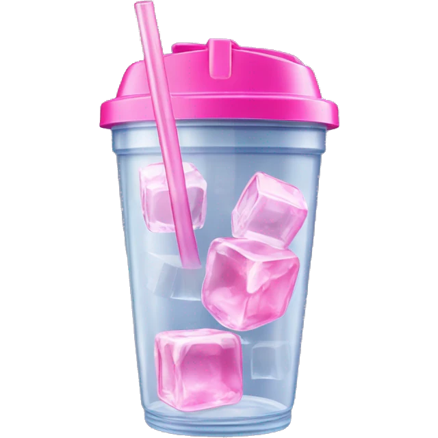 Realistic plastic cup and lid with Transluscent pink soda and large ice cubes inside and straw through the top of the lid. emoji