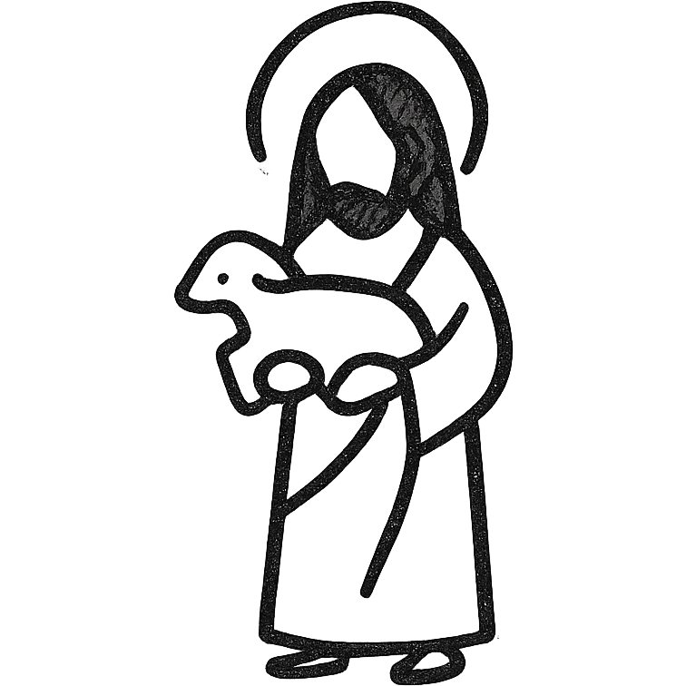 hand drawn cutesy tiny Jesus holding a lamb, so small that faces are not visible emoji