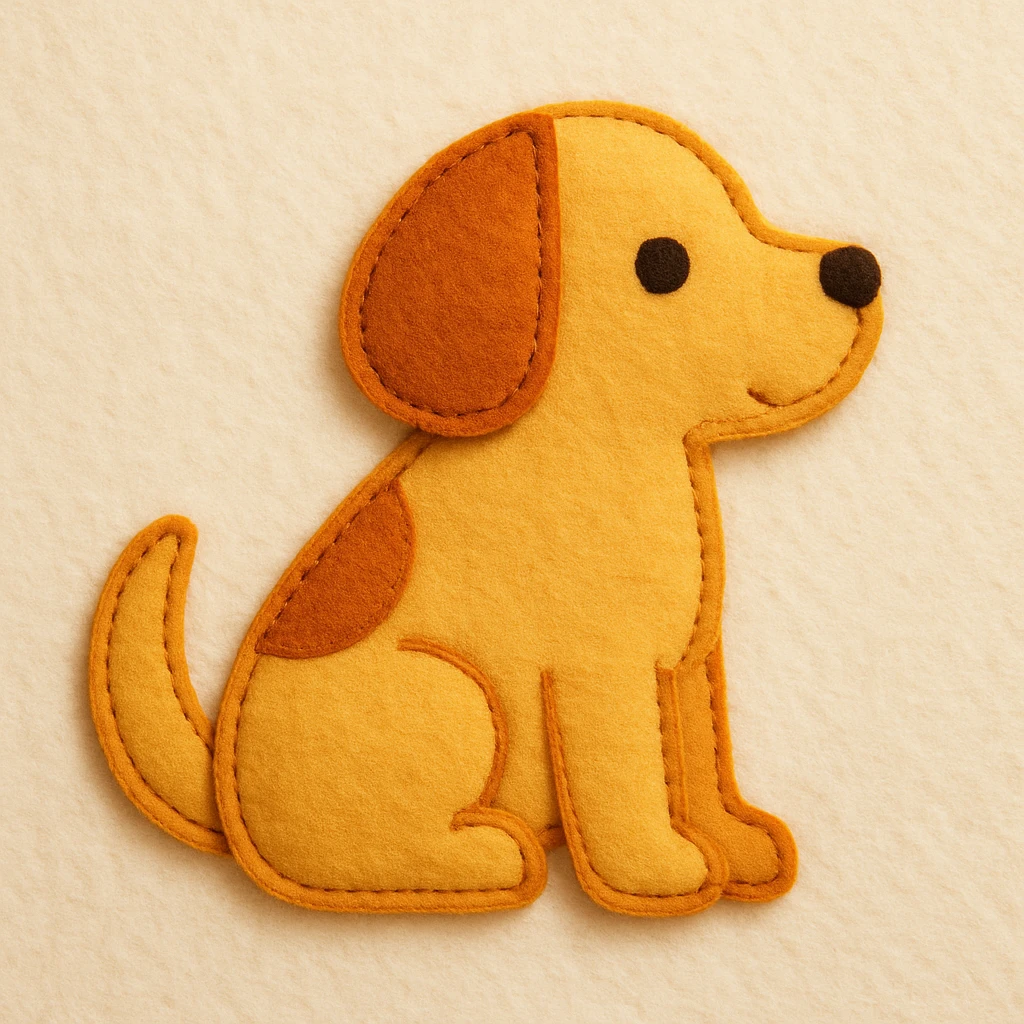 Minimal felt appliqué icon of a dog with soft, handcrafted felt look, lightly padded forms, simple shapes, clean outlines, medium-thickness orange or brown stitched edge, soft matte felt texture, warm yellows, oranges, and browns, small round eyes, simple nose, minimal mouth, subtle shadows, soft lighting, front or side profile, neutral off-white background emoji
