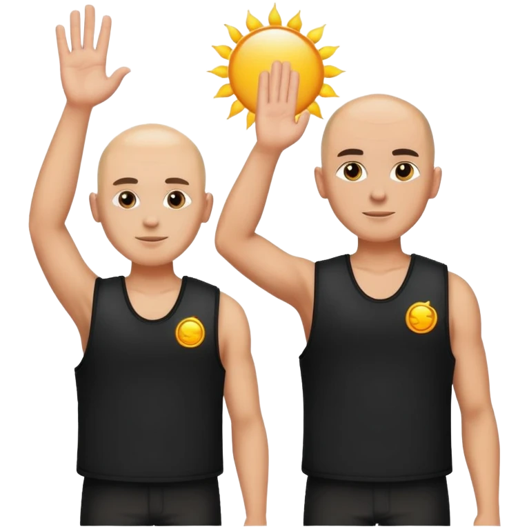 Shaved men in black vests saluting sun emoji