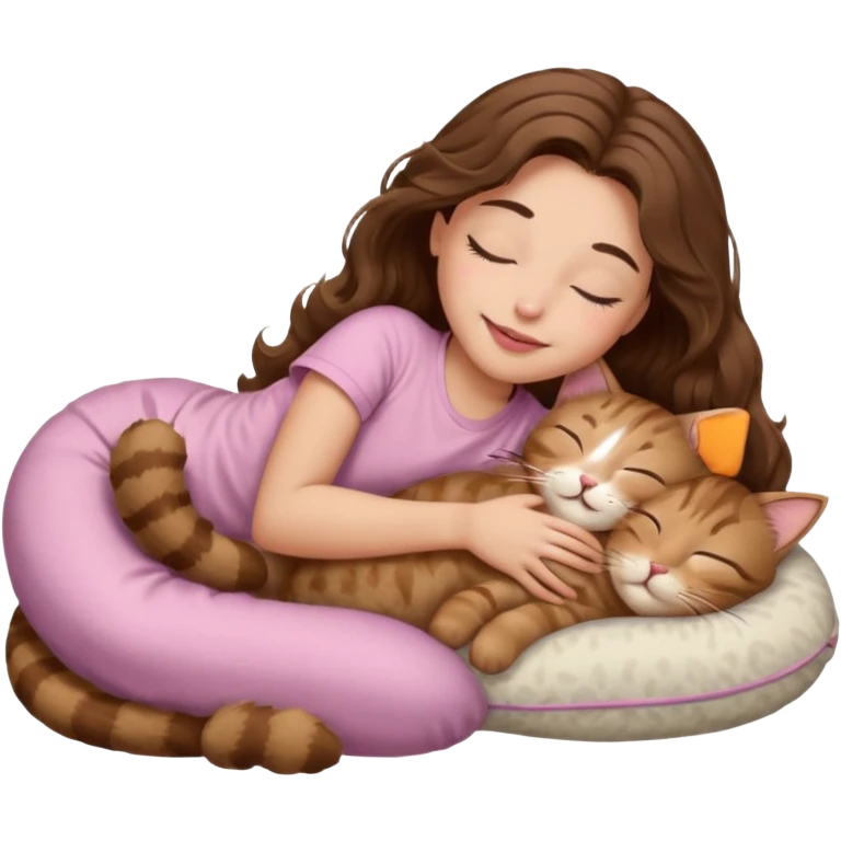 girl with wavy long brown hair, brown eyes, light to medium complexion, long lashes, light pink lipstick, smiling, wearing light pink shirt, sleeping on a cozy pillow, with brown tabby cat, sleeping emoji