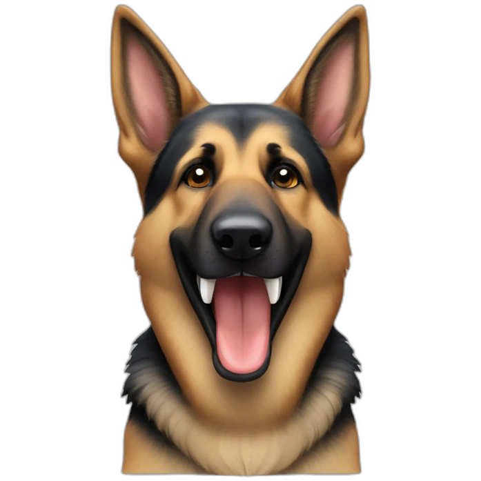 German Shepherd dog with a tooth that is visibly longer or misaligned, protruding from its mouth on the left side emoji
