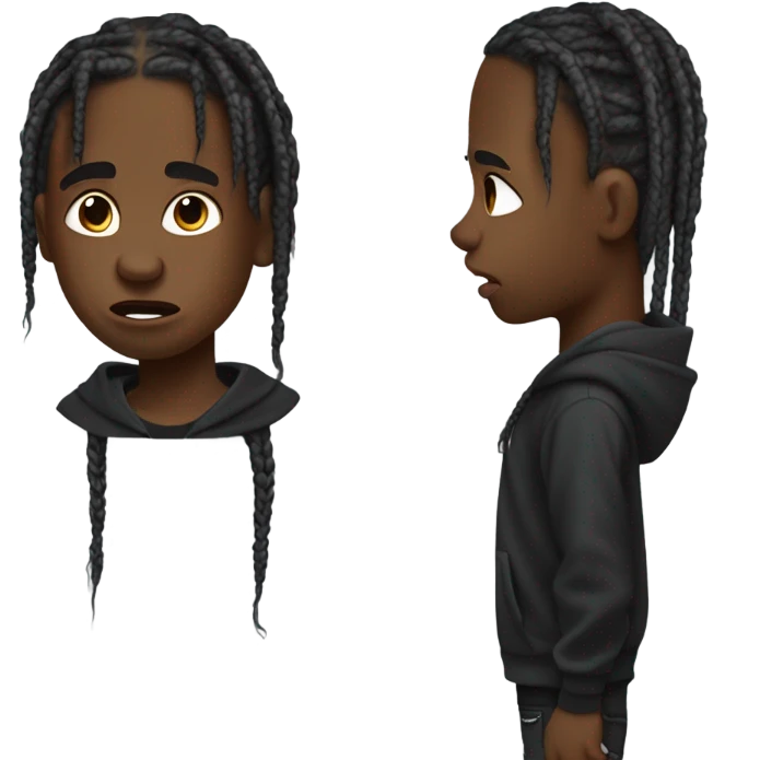 A black kid with Travis Scott braids and has more of a middle skin tone and is wearing a black hoodie and gray pants and black shorts wwho just got rejected  emoji
