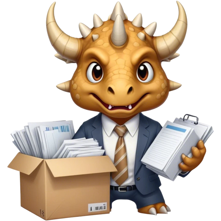 angry office triceratops in a tie holding a huge boxe bursting with a lot of documents and papers emoji