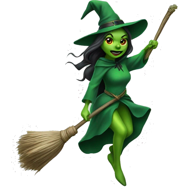 green skinned witch flying on broom stick emoji
