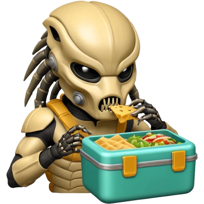 The predator with mask eating from a lunchbox, the setting should not be cartoon like. emoji