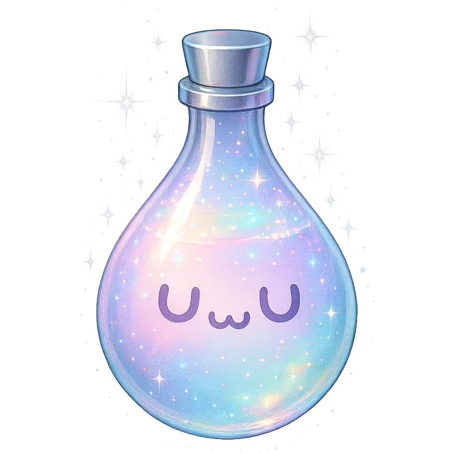 drop-shaped luxurious elixir bottle with a cute 'UwU' face, pastel color, iridescent and silver details, intense magical glowing and sparkling effects, very small neck, seamless bottom, transparent background, floating, no base or shadow, modern, matching a collection emoji