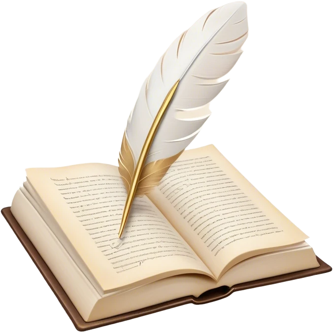 Create a delicate and elegant emoji representing poetry. The design should feature several gracefully flying pages with poetic lines or verses written on them. A white feather quill should be gently resting on one of the pages or floating nearby, symbolizing creativity and inspiration. The pages should look soft and flowing, evoking the fluid nature of poetry. Use a subtle color palette with white, light pastels, and a touch of gold for accents. Make the background transparent. emoji