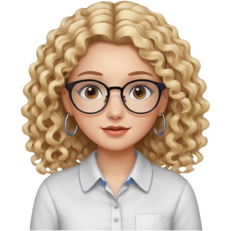 cute white girl with not volominous VERY LONG blonde curly hair with balayage, brown eyes, full lips, natural clean girl makeup and hoop earrings and square glasses, collared shirt emoji