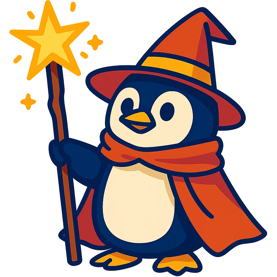 cute penguin wizard with magical staff, wearing a pointed hat, fantasy style emoji