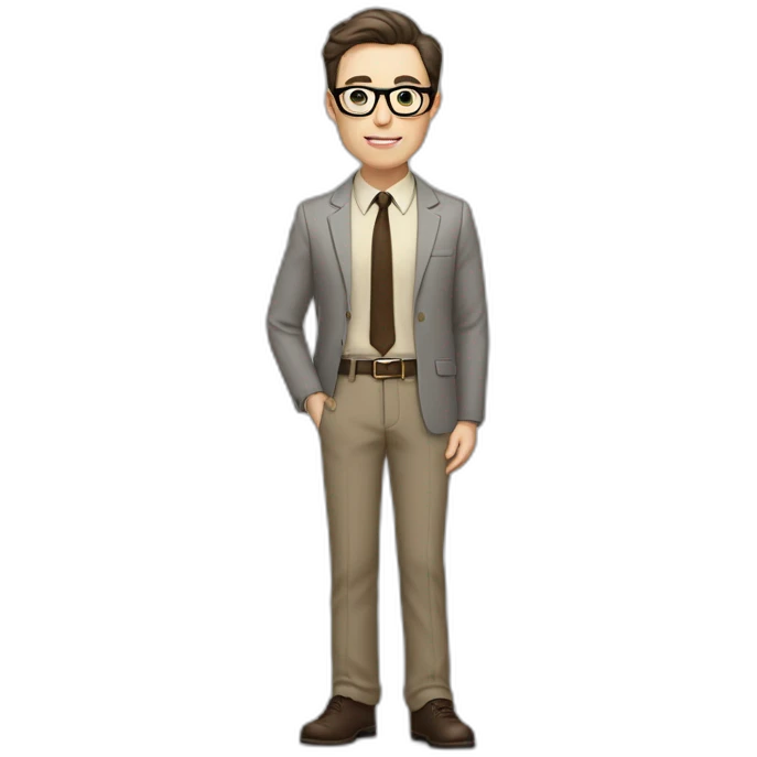 Full height Pale skinned fit man with dark brown hair in gray jacket, beige office shirt, brown tie, brown pants and vintage glasses. His right hand stretched out emoji