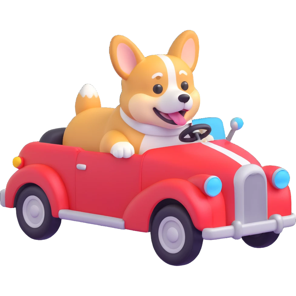 Make the corgi driving the car 10% more realistic with slightly more detail and texture, while keeping it playful and stylized in the 3D emoji style. emoji