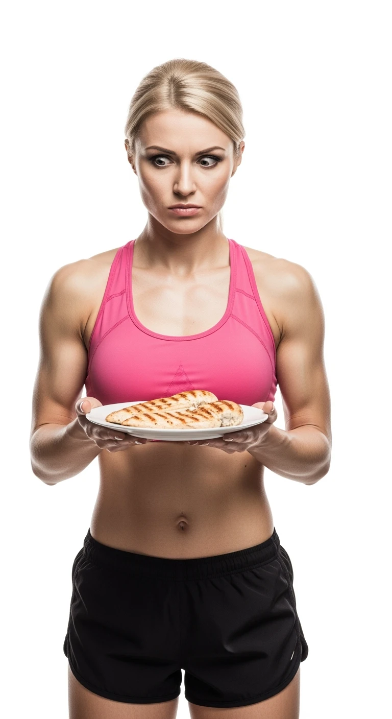 DONNA fitness CHE TIENE UN PIATTO DI PETTO DI POLLO GRIGLIATO IN MANO E LO GUARDA DUBBIOSO, ISOLATO SU SFONDO BIANCO emoji