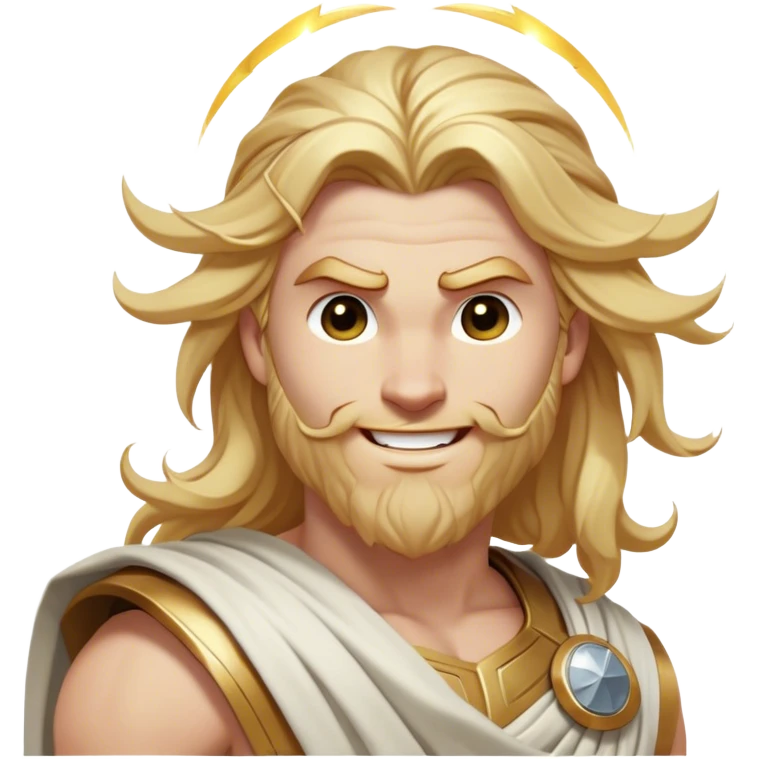Cinematic Realistic Thor Portrait, head tilted dramatically with an exaggeratedly amused expression, featuring lively, twinkling eyes and a subtle, roguish grin. His fair, radiant skin and long, wavy golden hair, rendered with classical precision, complement his draped white toga adorned with delicate golden details and mythic lightning hints, all brought to life with dynamic lighting that captures both his divine power and playful, approachable charm. emoji