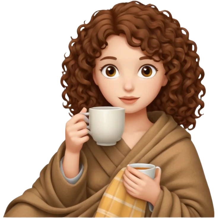Brown hair Girl with curly hair drinking tea, with a cozy nude blanket emoji