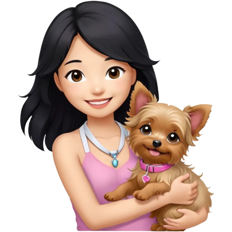 A pretty Asian girl with long, luscious wavy black hair (loose, no hair tie), wearing a cute white sleeveless halter top. She’s smiling warmly while holding a small Yorkshire Terrier in her arms. the dog is wearing a pink collar.  emoji