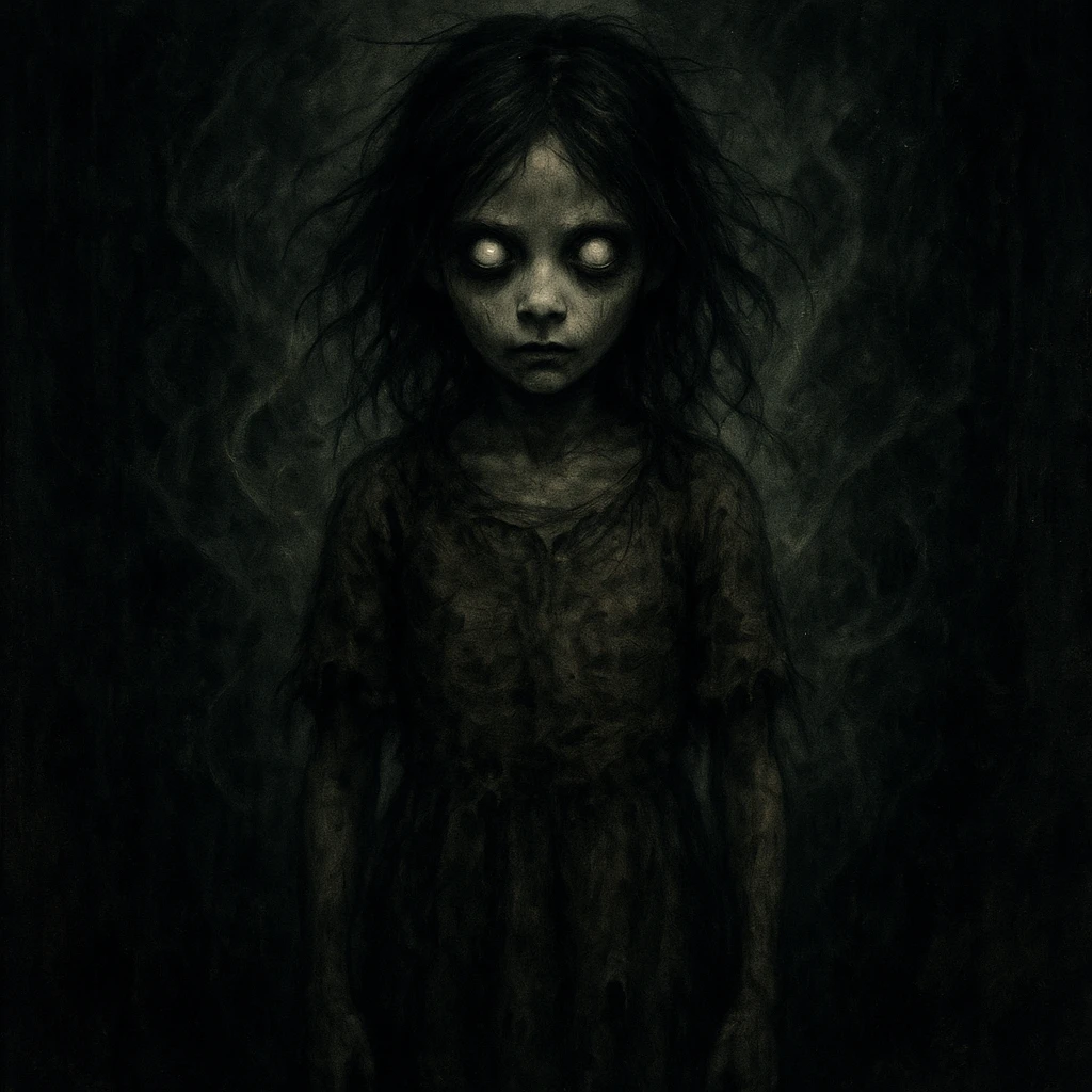 creepy girl, unsettling stare, tattered clothes, supernatural aura, horror illustration emoji