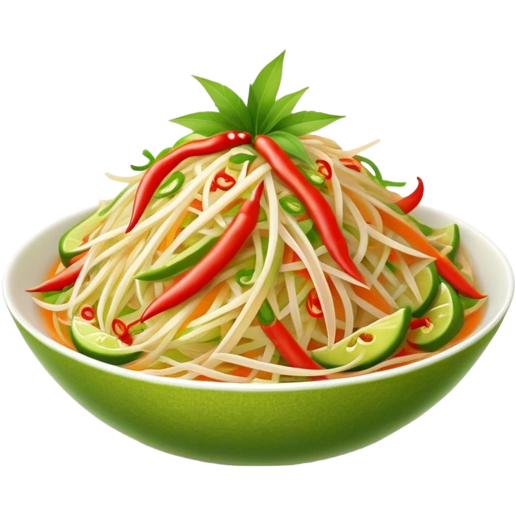 Cinematic Realistic Som Tam (Papaya Salad) Dish Emoji, featuring a spicy, tangy salad of shredded green papaya with chili and lime rendered with crisp textures and bright, lively lighting. emoji