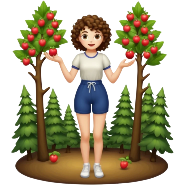 full body woman short curly brown mullet hair brown eyes white skin juggling glowing forest fruits emoji