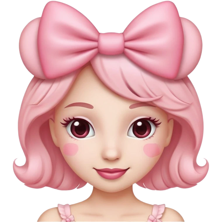 Ultimate coquette emoji with big pink bow, rosy cheeks, batting eyelashes, sweet smile, heart accents, ultra feminine, dainty, soft pink color palette emoji