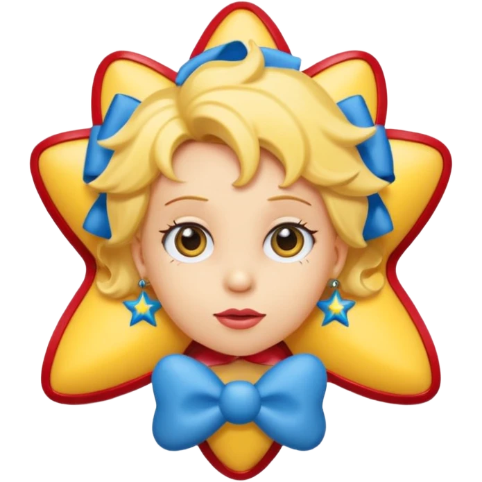 3D emoji head-only, smooth plastic, soft studio light, big round eyes, bold outline, centered, transparent bg,
Maggie Simpson, yellow skin, eight-point star hair with blue bow, red pacifier emoji